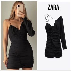 NWT Zara One Shoulder Sleeve Asymmetrical Cutout LBD Black Rouched Dress XS